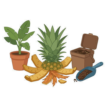 Pineapple peel composting illustration with potted plant and organic waste bin for sustainable gardening and zero waste lifestyle practices on a simple white background