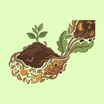 Compost pile illustration with organic food waste turning into rich soil and a small green sprout growing on a light green background for environmental projects