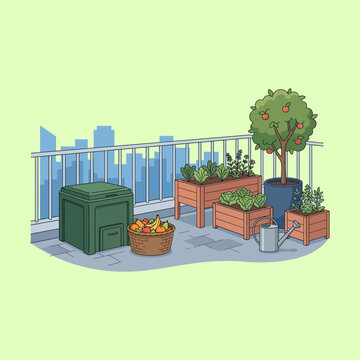 Urban balcony garden with wooden planters fruit basket compost bin and potted tree featuring city skyline background in a flat vector illustration style