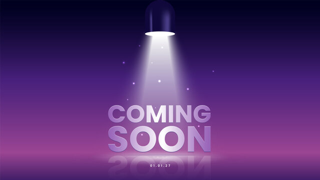 Coming soon announcement with spotlight effect in purple gradient background