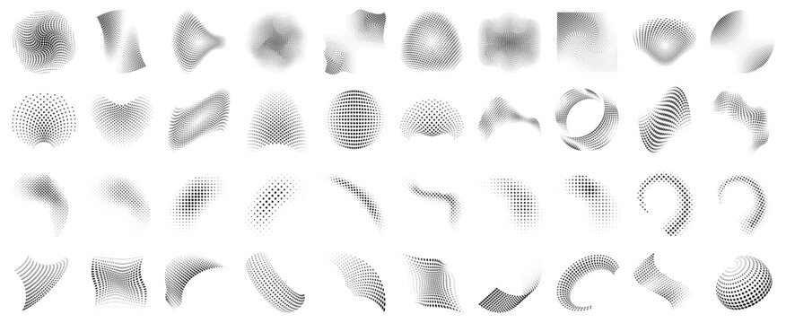 Abstract geometric halftone patterns and shapes collection on white background