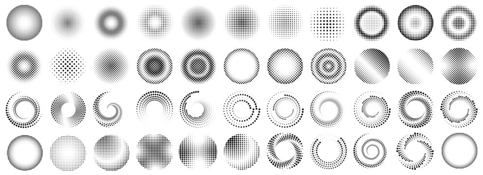 Abstract halftone circle patterns in grayscale design collection