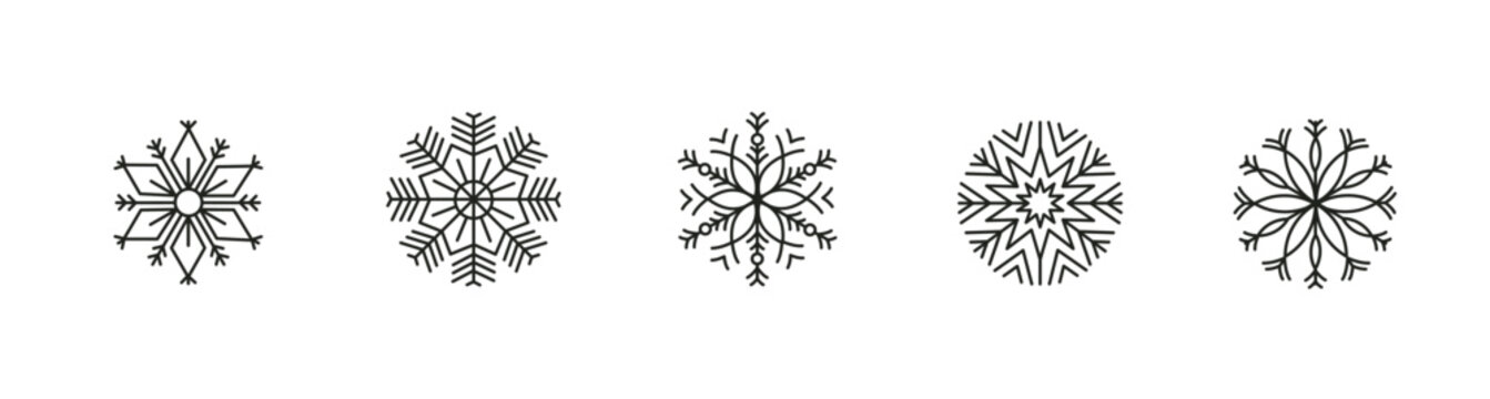Set of five unique black snowflake designs on white background