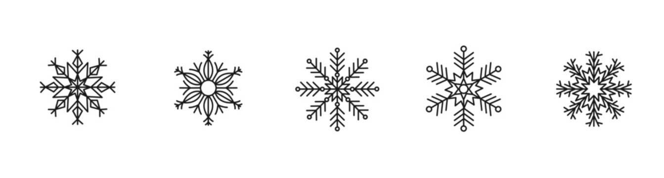 Set of five unique geometric snowflake designs in minimalist black line art