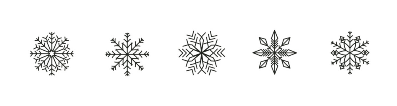 Five unique snowflake designs in black and white