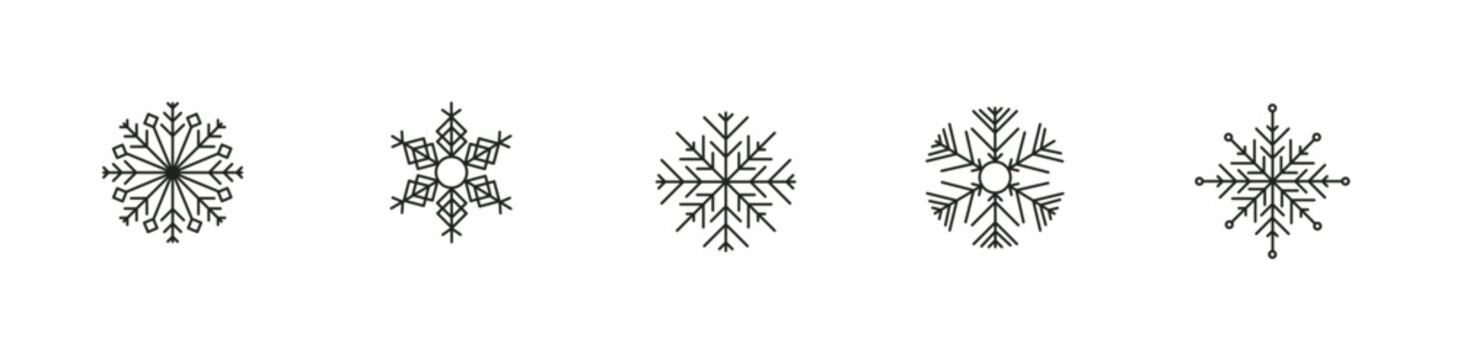 Five stylized snowflakes on white background