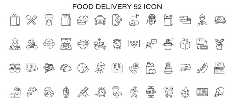 52 food delivery icons set: packaging, transport, payment, cuisine, app