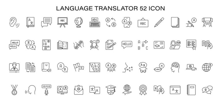 Language translator icon set featuring various communication and translation symbols