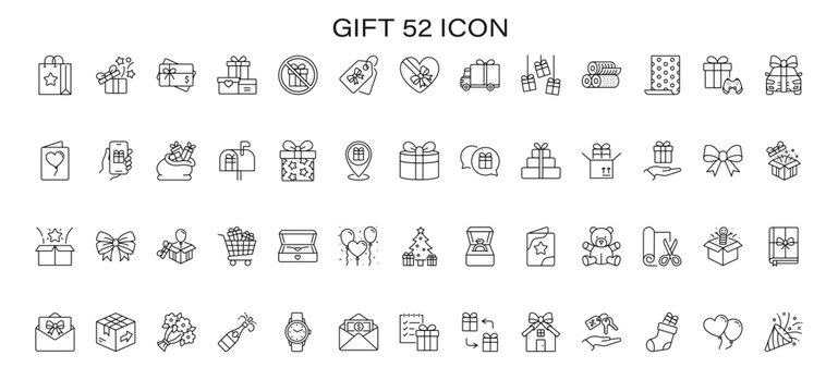 52 gift icons: present, box, ribbon, tag, celebration