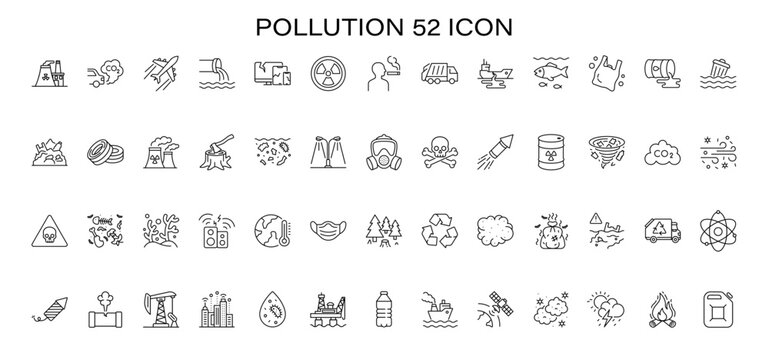 Comprehensive pollution icon set featuring air, water, and land contamination symbols