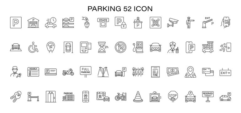 Parking icon set: 52 black and white symbols for signs, cars, meters, security, accessibility