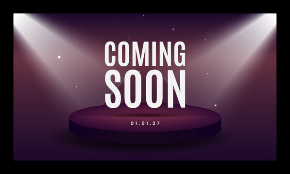 Coming soon announcement with spotlights and stage background