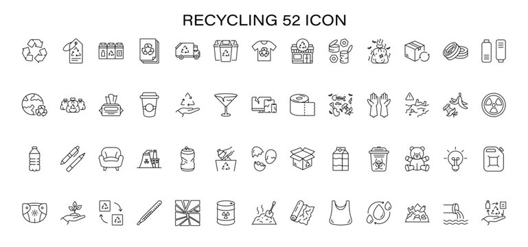 Collection of 52 line icons symbolizing recycling and environmental sustainability