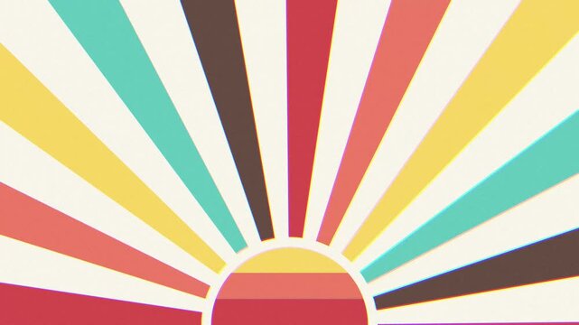 Vintage retro sunburst pattern with rotating rays in red orange yellow teal and brown. this starburst background features a colorful repeating grid.