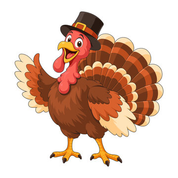 Cheerful cartoon turkey wearing a classic pilgrim hat, featuring colorful fan-shaped tail feathers and vibrant autumn plumage. Ideal for Thanksgiving cards, holiday decorations, invitations and season
