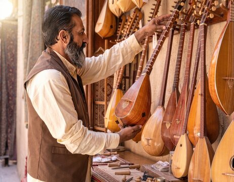 Craftsman examines stringed instruments in a traditional workshop