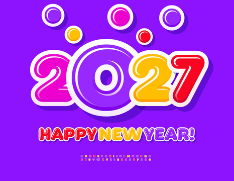 Vector Festive Greeting Card Happy New Yer 2027! Glossy Colorful Font. Joyful Kids set of Bright Unique Alphabet Letters and Numbers.
