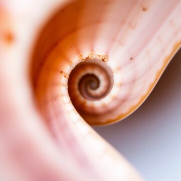 Close-up macro shot of the intricate natural spiral pattern inside a conch seashell with soft pink and orange tones