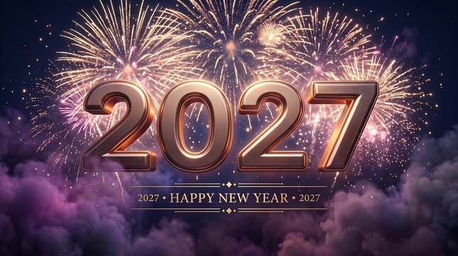 Happy new year 2027 celebration with golden fireworks and confetti