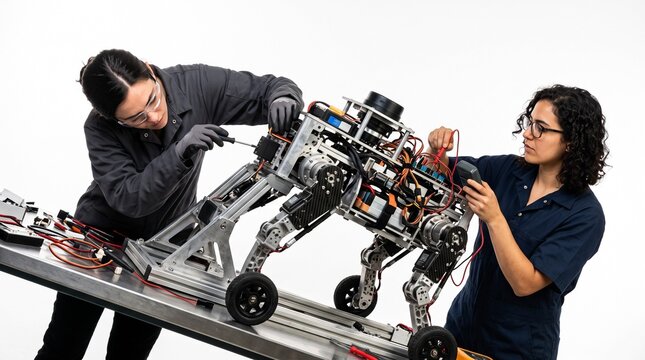Two female engineers working on a complex robotic quadruped with tools and wires