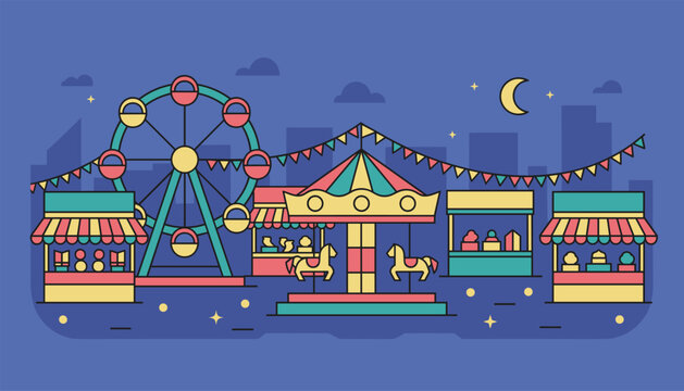 Night amusement park festival illuminates glowing ferris wheel, merry go round carousel, and concession booths.