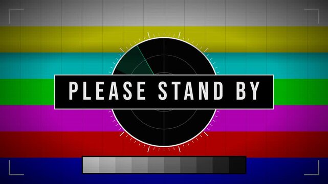 Please stand by retro tv horizontal color bars with radar circle on television screen with no signal broadcast. 4k video