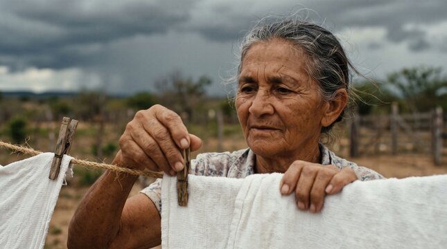 Idosa nordestina pendurando roupa no varal em casa rural