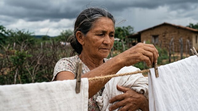 Mulher idosa nordestina estendendo roupa no varal em casa rural