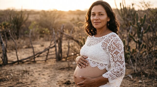 Gr&aacute;vida com vestido de renda branca segurando barriga na caatinga ao p&ocirc;r do sol
