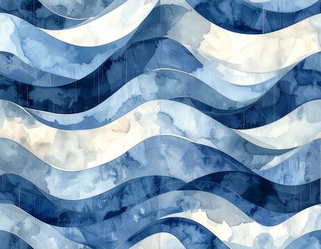 Seamless pattern of interlocking parallel wave line grid with soft blue watercolor wash texture