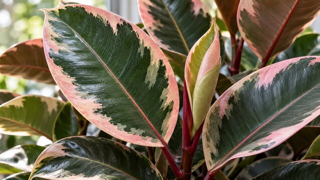 Variegated rubber plant leaves with pink margins and red emerging growth