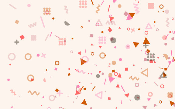 Peach background with orange and pink memphis confetti. Playful geometric triangles circles and squiggles. Abstract party wallpaper. Cheerful backdrop for celebration design.