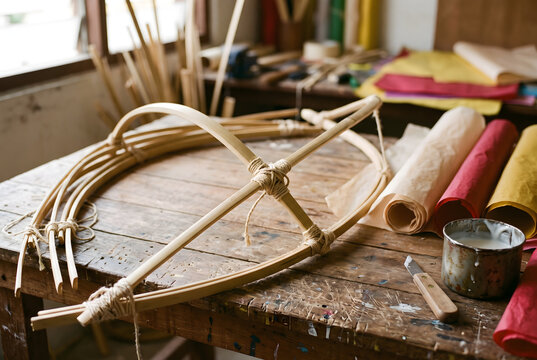 Traditional bamboo craft making with wooden frame and colorful paper on workbench