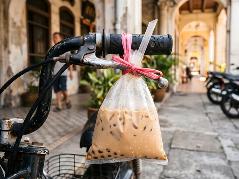 Traditional Southeast Asian iced coffee in plastic bag hanging on bicycle handlebars