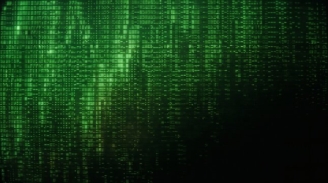 Abstract digital background with glowing green binary code streams on a dark screen.