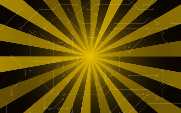 Golden yellow sunburst rays with circuit board lines on dark background. Radial burst with technology pattern. Abstract energy wallpaper. Bold backdrop for promotion banner.