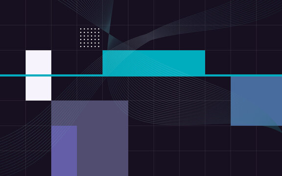 Dark swiss grid with teal and purple geometric blocks. Minimal modern composition with flowing lines. Abstract corporate wallpaper. Stylish backdrop for business presentation.