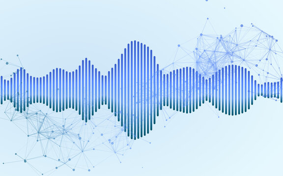 Blue sound wave equalizer with plexus network on light background. Digital audio frequency with connected dots. Abstract music technology wallpaper. Modern backdrop for podcast.