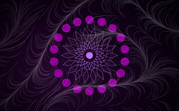 Purple mandala ornament with magenta circles on dark background. Flowing feather lines and floral geometry. Abstract spiritual wallpaper. Elegant backdrop for yoga design.
