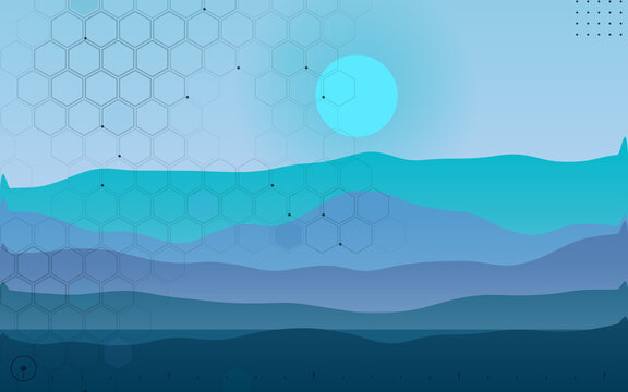 Blue mountain landscape with hexagon pattern and bright sun. Layered teal hills with technology grid. Abstract nature wallpaper. Modern backdrop for travel and eco design.