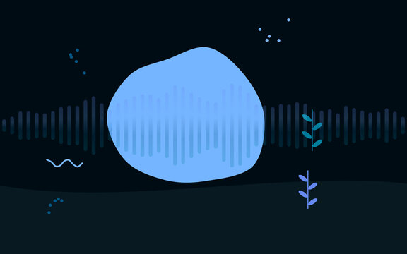 Blue organic blob with sound wave equalizer on dark background. Minimal boho shape with leaves and dots. Abstract music wallpaper. Modern backdrop for podcast design.