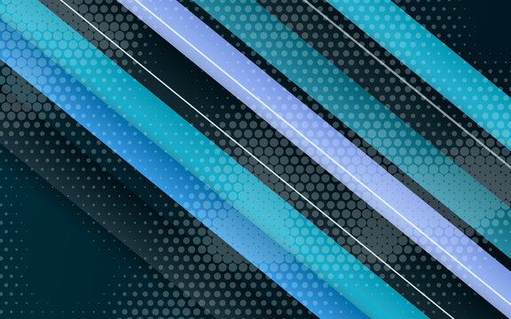 Blue diagonal stripes with halftone dots on dark background. Dynamic tech banner with glowing lines. Abstract sport wallpaper design. Modern backdrop for gaming and business.