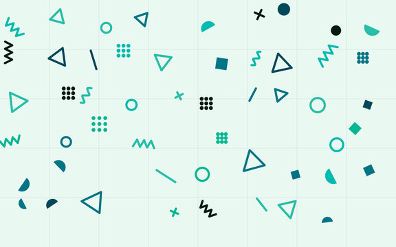 Memphis geometric pattern with teal shapes on mint grid background. Playful triangles circles and zigzag elements. Fresh abstract wallpaper. Trendy backdrop for kids and fun design.