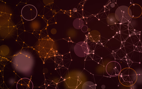 Orange plexus network with bokeh circles on dark red background. Glowing connected dots and blurred lights. Abstract technology wallpaper. Warm backdrop for digital design.