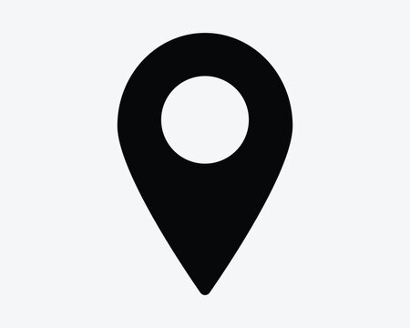 Map pin vector icon in black solid style with teardrop shape and hollow center representing location marker GPS and destination