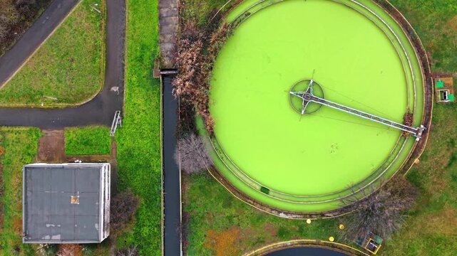 Top view of large circular clarification basin filled with green water. Drone camera captures bright algae pool beside narrow channel and concrete building on grass.