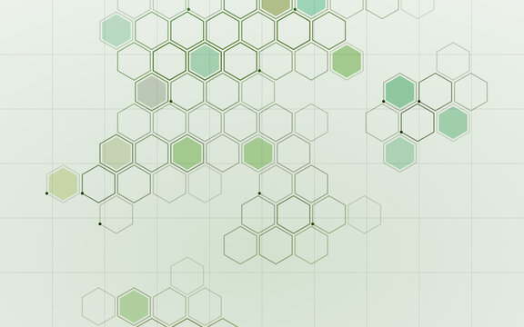 Green hexagon technology pattern on light grid background. Soft honeycomb science structure with molecular dots. Clean abstract wallpaper. Modern backdrop for medical and eco design.