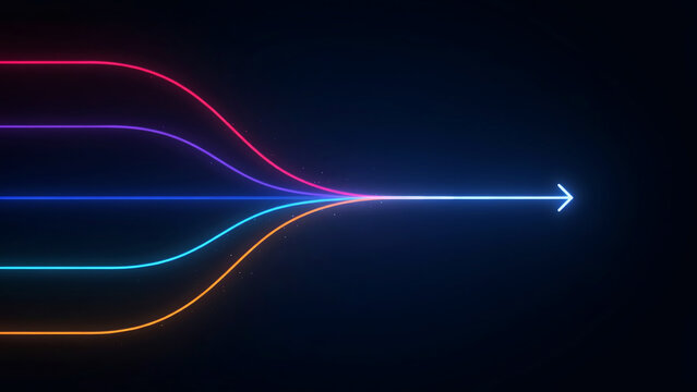 Colorful futuristic arrow design with glowing light beams on transparent background