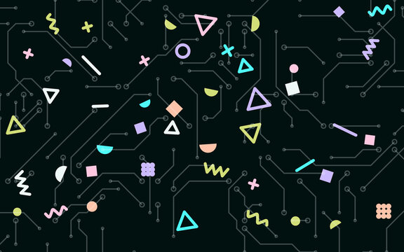 Memphis style geometric shapes on dark circuit board background. Playful pastel confetti with technology lines. Modern abstract pattern. Trendy backdrop for tech design.