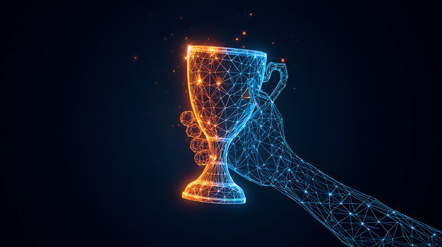 Digital illustration showing futuristic hand lifting glowing trophy cup with wireframe design
